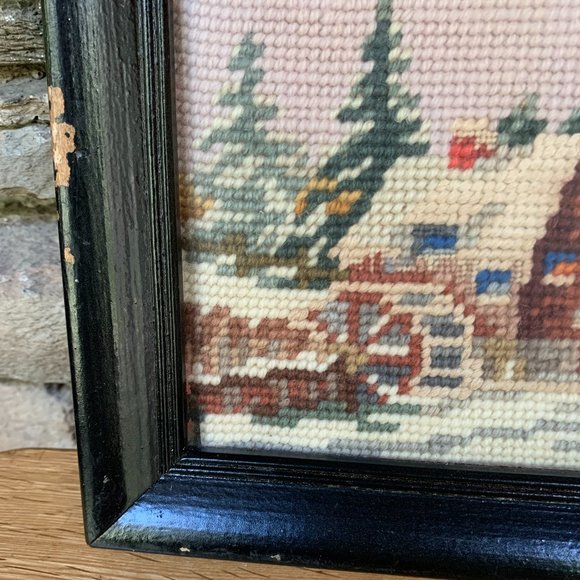 VTG Needlepoint Grist Mill Snow Water Wheel Winter Landscape Stitchery Barn - Picture 4 of 8
